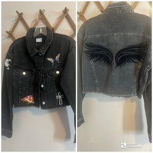 Reclaimed Vintage black denim jacket cropped w patches and velvet angel wings M